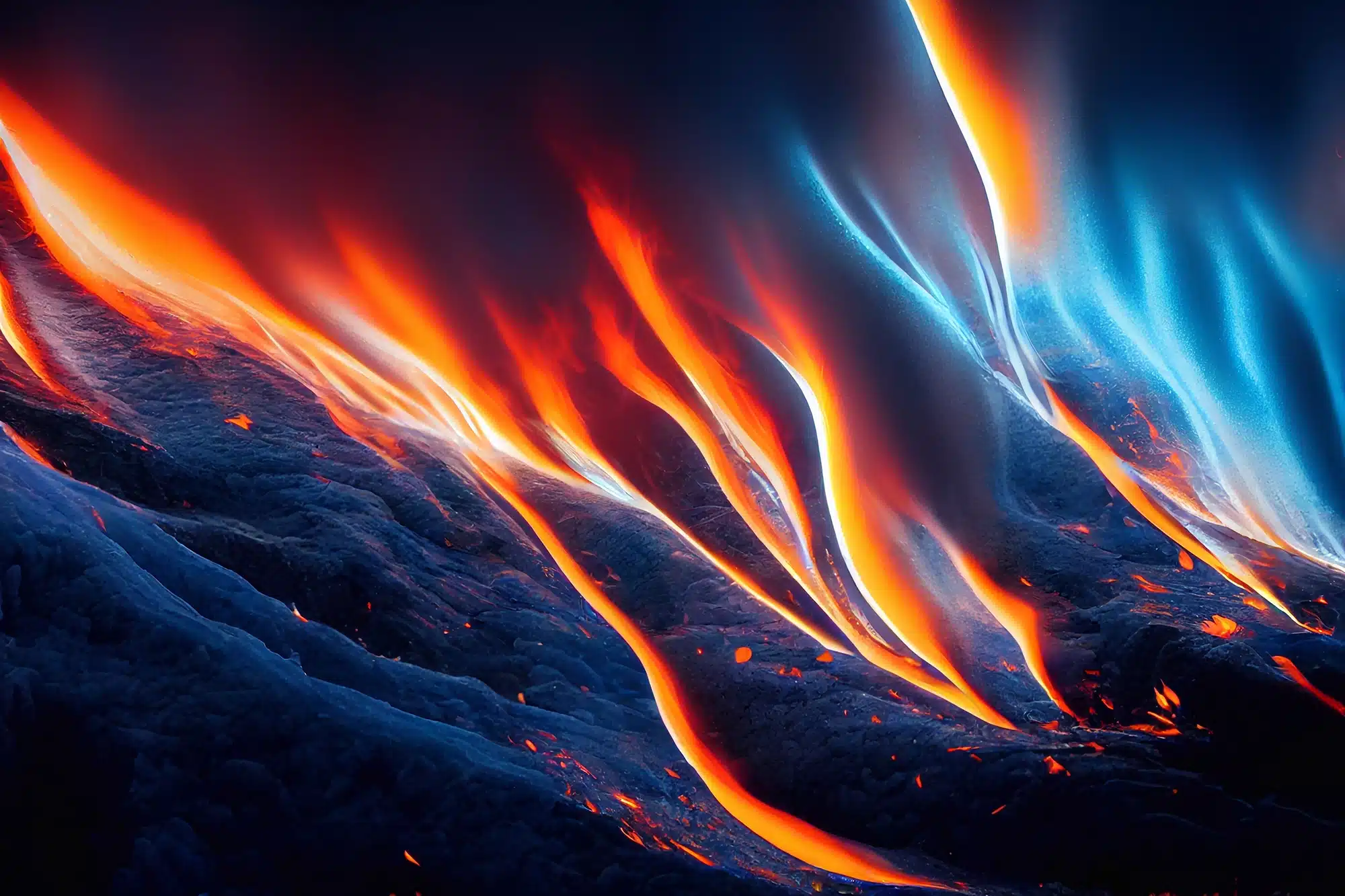 A computer generated fire and ice image depicting flames and ice together in an orange and blue abstract background.